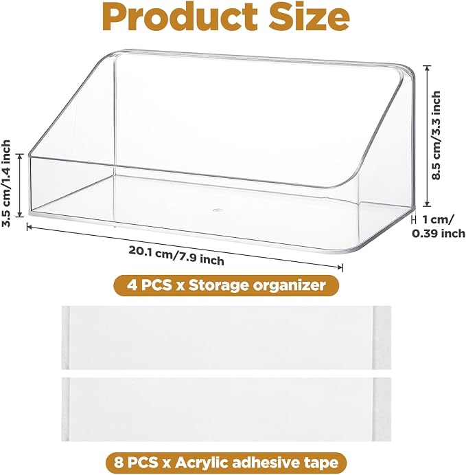 4 Pack Clear Wall Mounted Storage Organizer – No Drill Adhesive Shelves for Bathroom, Kitchen, Bedroom, Mirror Cabinets – Transparent PS Plastic Organizer Bins (7.9” x 3.4” x 3.3”) - Image 3