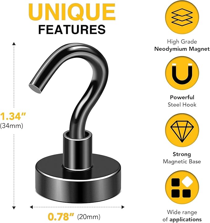 DIYMAG Magnetic Hooks 8pcs 50lbs Cruise Essentials 2026 Magnet Hook Black | Neodymium Heavy Duty Strong Magnets Hanging Ship Cabins Refrigerator Fridge Classroom Beach Vacation Kitchen Grills Home Tool - Image 2