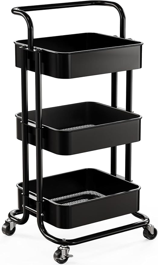 Pipishell Metal 3 Tier Rolling Cart with Handle & 2 Lockable Wheels, Black | Four Large 2" Wheels for Easy Motion, Sturdy Metal, Hold 22 lbs per Shelf, Ideal for Nursery Room, Living Room, Painting Room by Pipishell