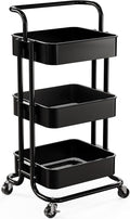 Pipishell Metal 3 Tier Rolling Cart with Handle & 2 Lockable Wheels, Black | Four Large 2" Wheels for Easy Motion, Sturdy Metal, Hold 22 lbs per Shelf, Ideal for Nursery Room, Living Room, Painting Room by Pipishell