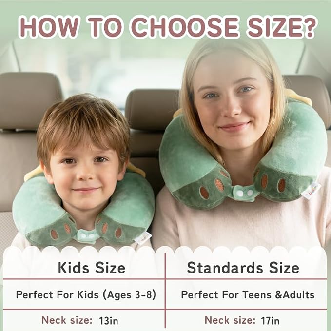 Memory Foam Travel Neck Pillow for Teens and Adults, Dinosaur Design | Removable cover, machine washable, 360-degree head & chin support, 17 in neck size for teens and adults, car & airplane use - Image 2