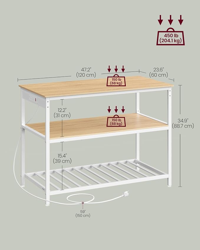 VASAGLE Kitchen Island with 3 Shelves, Kitchen Shelf with Power Strip, 23.6 x 47.2 x 34.9 Inches, Large Worktop, Steel Structure, Industrial, Easy to Assemble, Oak Color and White UKKI101Y01 - Image 3