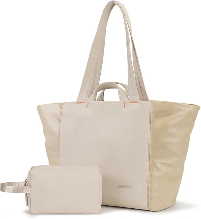 Lightweight Carryall Tote Bag for Women, 25L Expandable Travel Work Bag with Tablet Sleeve, Gym Tote with Yoga Mat Holder & Wet Dry Pocket, 3-Piece Set with Shoe Bag & Cosmetic Pouch (Khaki) by LighttoGoFreetoRoam
