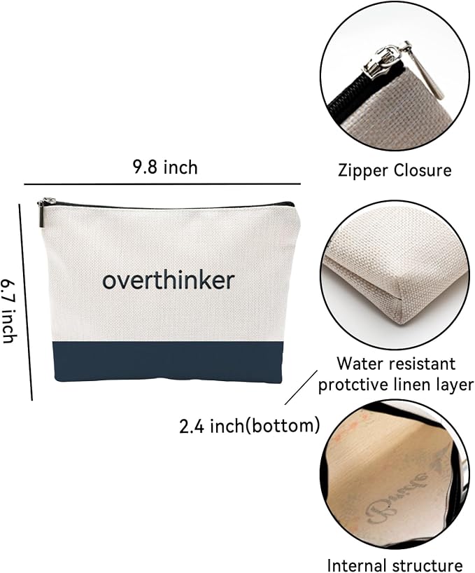 Funny Makeup Bag for Women - overthinker Relatable Quote Pouch - Minimalist Navy Blue Color Block Canvas Cosmetic Organizer - Unique Gift for Best Friend, Introverts & Mental Health Awareness - Image 2