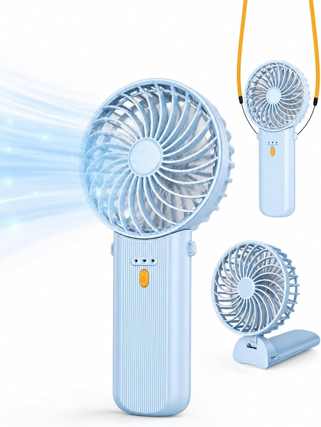 Portable Mini Fan, Quiet Foldable Fan with Lanyard | 4 Speeds, 15H Rechargeable Battery, Portable Pan for Travel, Home, Office, Outdoor, Makeup, Women, Men, Blue by Unknown