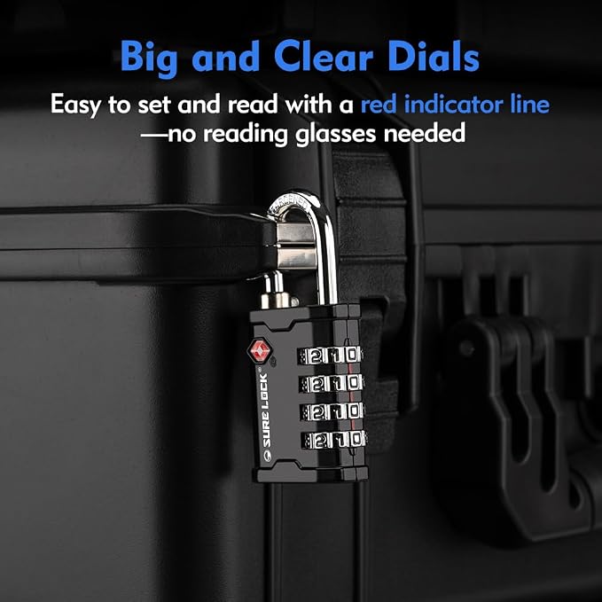 SURE LOCK TSA Accepted 4 Dig Heavy Duty Big Combination Luggage Padlock All Metal Travel Lock for Equipment Hard Case Luggage Gun Case Gym Locker Pelican Vault Lock(2, Black) - Image 3