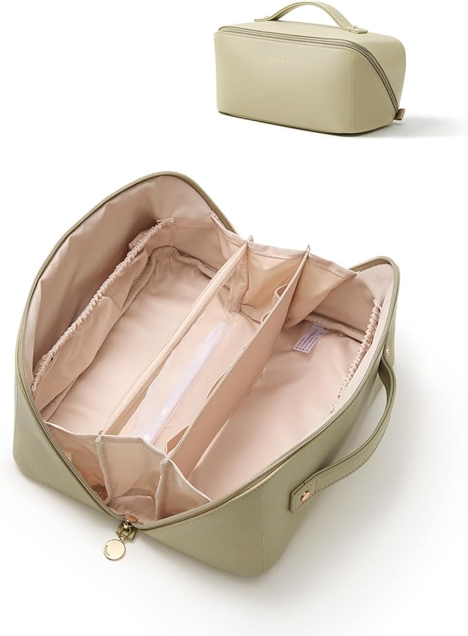 EACHY Travel Makeup Bag for Women, Flat Open Cosmetic Bag, Green, Large | Flat-open cosmetic organizer with pockets and clear TPU brush compartment for makeup, toiletries and travel essentials by EACHY