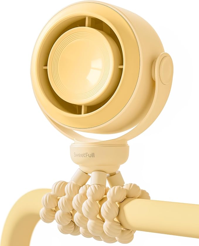 SWEETFULL Portable Stroller Fan, Pinch-Proof Baby Fan - Yellow | Wide Turbine Airflow; Safe Design; LED Display; 5-Speed; 30dB Quiet; USB-C Rechargeable; Mini Clip On Fan for Car Seat & Bed by SWEETFULL
