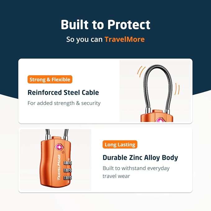 TSA Approved Luggage Locks, Travel Combination Cable Locks | TSA Accepted, Easy to Use, Durable, Flexible Steel Cable, Zinc Alloy Body, for Suitcases, Backpacks, Zippers, 10-Pack, Orange - Image 4