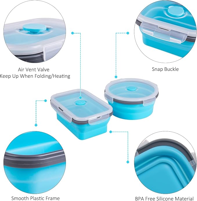 8 Pack Collapsible Food Storage Containers with Lids, Silicone Collapsible Food Containers, Collapsible Storage Containers Sets for Snack Camping RV, Microwave Freezer Dishwasher Safe, Blue - Image 6