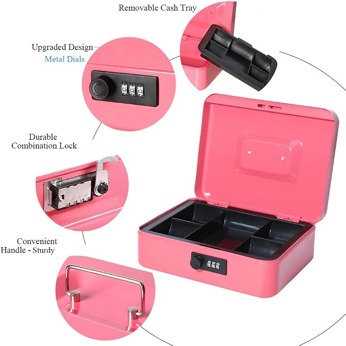 Jssmst Large Cash Box with Combination Lock - Durable Metal Cash Box with Money Tray Pink (9.8 x 7.9 x 3.5), SM-CB07004L, SM-CB014 - Image 4