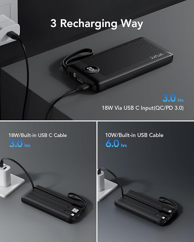 VRURC Portable Charger, 20W PD Fast Charging Power Bank Built in 4 Cables | 10000mAh Compact Portable Phone Charger, 5 Outpputs USB C Battery Pack for iPhone, Samsung & Multi Devices-Black(1 Pack) - Image 7