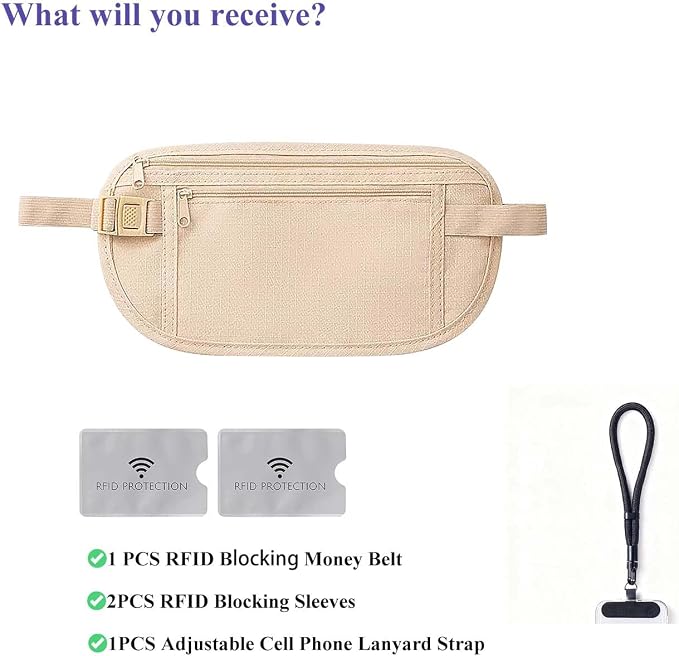 Money Belt for Travel with Anti-Theft RFID Blocking Cards Cover, Phone Wrist Strap, Passport Holder, Slim Waist Wallet Men Women, Money Pouch under Clothes for Travel, Running, Hiking, Beige - Image 8
