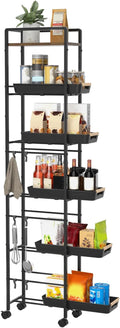 6 Tier Slim Storage Cart with Pull-Out Baskets Rolling Cart with Wheels Wood Top Narrow Utility Cart Metal Shelving Units for Pantry Laundry Room Bathroom Kitchen Black 8in(W) by Unknown