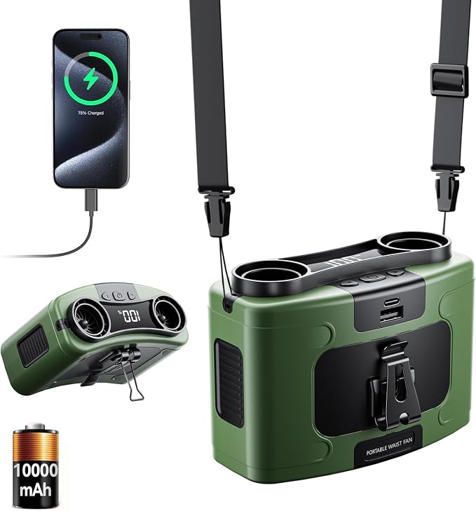 Doublepow 10000mAh Portable Waist Fan, Personal Dual Waist Fan, Clip On Belt Hanging Neck, Dual Motor 20H&10 Speed 16000RPM Strong Airflow, USB Rechargeable Fans, for Outdoor Work Travel(K60-Green) by Unknown