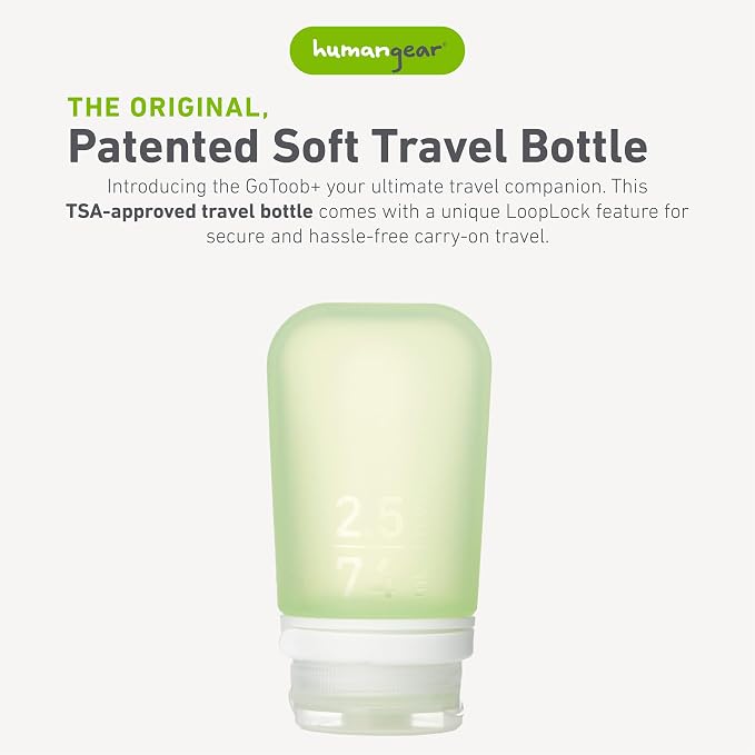 humangear GoToob+ (Medium) | Refillable Silicone Travel Bottle | Locking Lid | Food-Safe Material | Green, Medium (2.5 fl.oz.; 74ml) | Refillable & Leak-Proof Silicone Travel Size Bottles with Locking Cap for Toiletries, Camping & TSA Carry-On - Image 2