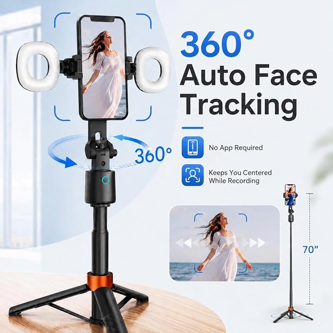 70" Auto Face Tracking Tripod with Light, 360° Smart Phone Stand with Remote, Selfie Stick for iPhone Android, No App Needed, Video Recording Vlogging Live Streaming - Image 2