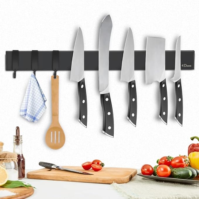 Dmore magnetic knife holder for wall—with 3 hooks, No Drilling, 16 Inch | Black knife magnetic strip, Powerful knife magnet rack, include Adhesive Tape and screws for Knives, Utensils, and Tools by Dmorealwaysdomore