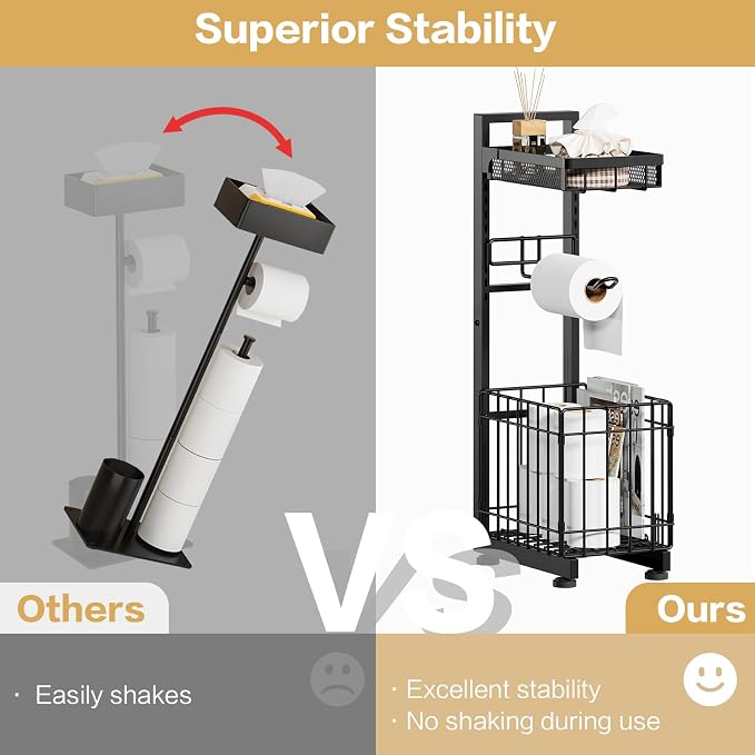 Freestanding Toilet Paper Holder Stand with Storage Shelf, Black | Sturdy Multi-tier Metal Stand with Large Foldable Basket. Versatile for Bathroom, Kitchen, Living Room. Adjustable Organizer - Image 8