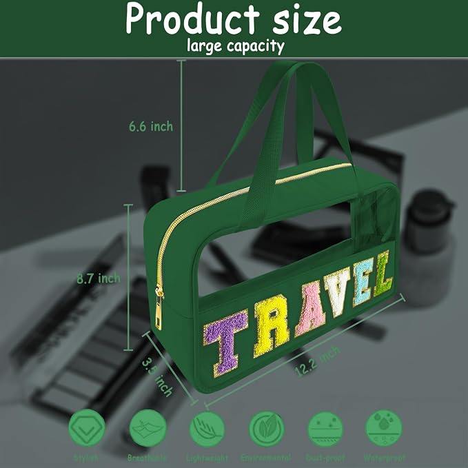 Bunliuys Chenille Letter Clear Makeup Bag Travel Patch, Travel Toiletry Makeup Bag with Handle, Nylon Waterproof Makeup Bags clear cosmetic bag, preppy patch makeup bag for Women (TRAVEL-Dark Green) - Image 2