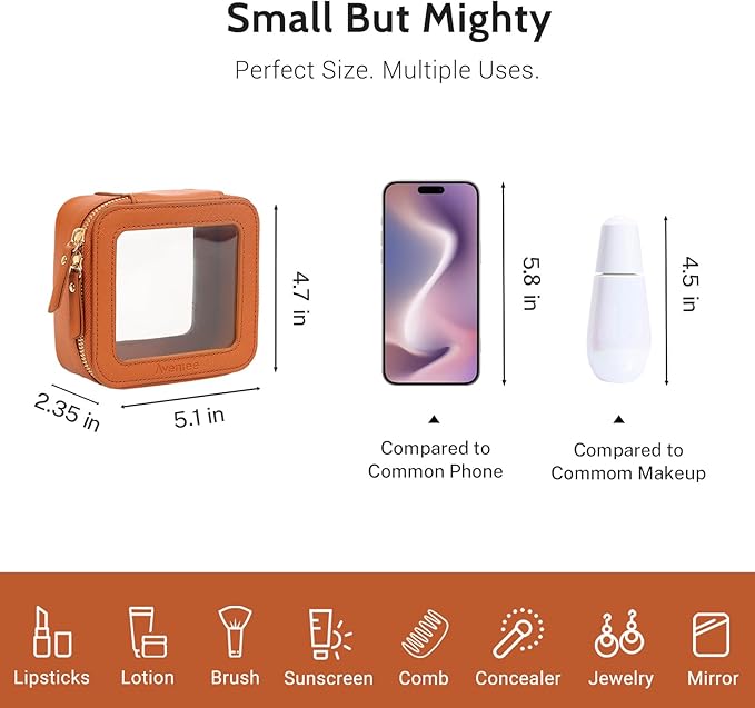 Aveniee Mini Clear Makeup Bag, Small Cosmetic Bags Travel Toiletry Pouch Organizer, TSA Approved Make up Case with Zipper, Car Bag for Essentials,Brown - Image 4