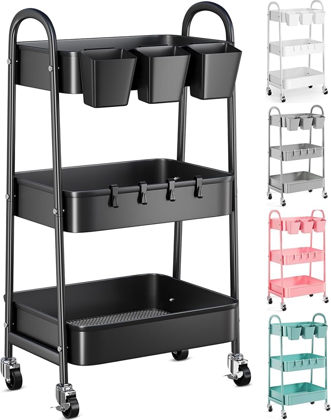 3 Tier Metal Rolling Cart with Lockable Wheels,Black Three Tiered Art Carts | Utility Storage Organizer Caddy on Wheels for Bathroom, Kitchen, Laundry, Garage, Office, Paint,Craft, Baby,Diaper,Snack,Book by Recximi