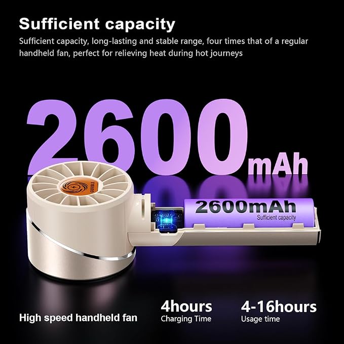 Handheld Fan,Portable Turbo Fan,Powerful Personal Fan(7000rpm High-Speed Motor,Battery Work 3-16 H),USB Rechargeable Mini Handheld Fan for Travel/Outdoor/Gift/Makeup (Beige) - Image 4