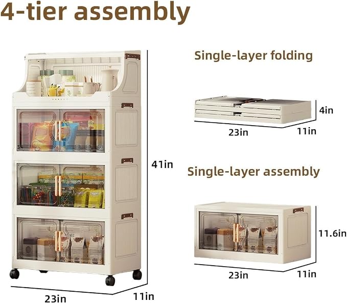 174QT Stackable Storage Bins with Lids & Rack, 4 Tier Large Capacity Foldable Storage Cabinet, Clear Collapsible Pantry Organizer for Home, Kitchen, Bathroom, Dorm, Office - Image 2