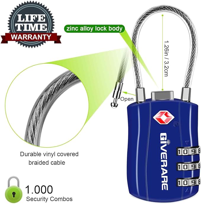 GIVERARE 2 Pack TSA Approved Luggage Locks, Combination Travel Cable Lock, Re-settable 3-Digit Padlocks with Alloy Body, Keyless TSA Padlock for Gym Locker, Golf Bag Case-Blue - Image 3