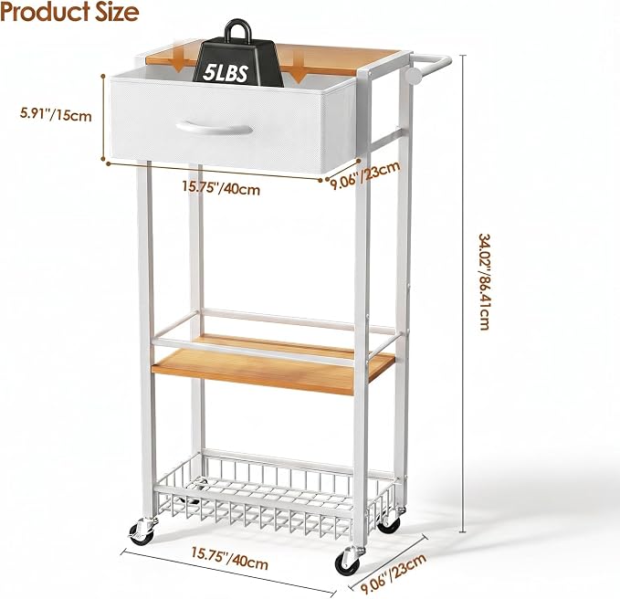 Lewondr 3-Tier Slim Storage Cart with Drawer, Rolling Utility Cart, White | Handle & Lockable Wheels, with Wood Top, Metal Frame, Kitchen Bathroom Laundry Room Organizer for Small Spaces - Image 2