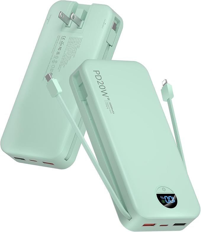 citicr Portable Charger 20000mAh PD20W w/Built-in Cables & Wall Plug Green | High capacity, Fast charging, Built-in wall plug, LED display, Charge 5 devices at once, Pass through charging, TSA approved by CITICR