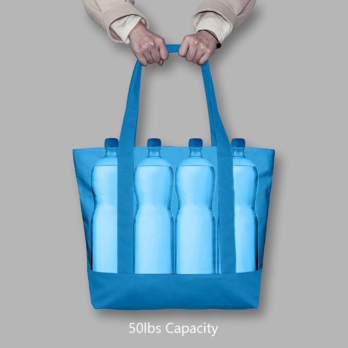 TOPDesign 6-Pack Canvas Tote Bags with an External Pocket, Reusable Grocery Shopping Bags, Top Zipper Closure, Daily Essentials (Ocean Blue) - Image 6
