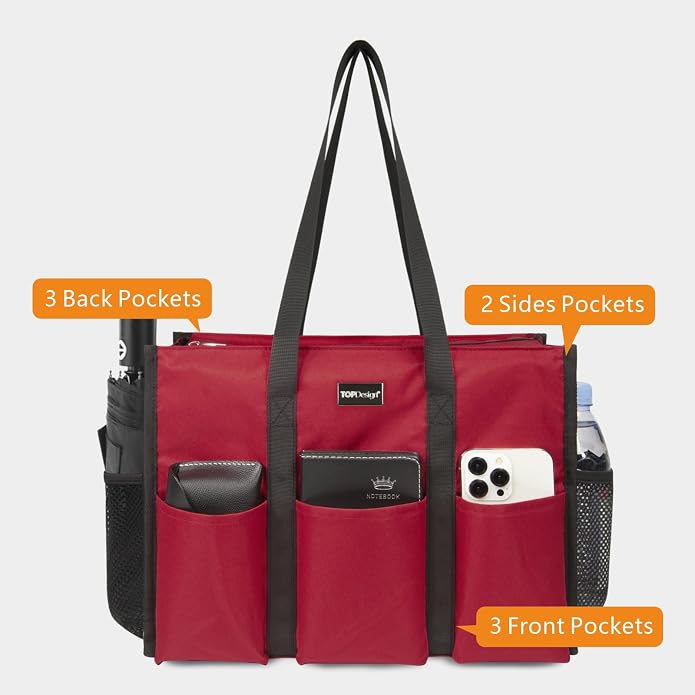 TOPDesign Utility Water Resistant Tote Bag with 13 Pockets, Top Zipper Closure & Thick Bottom Support, for Working Women - Image 3