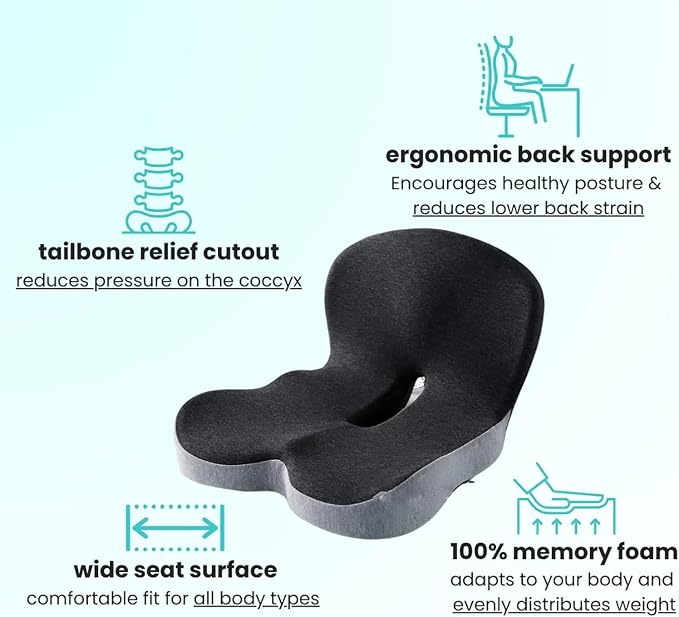Orthopedic Cushion,Ergonomic Memory Foam L-Shaped Integrated Seat Cushions with Adjustable Strap,Ultra Breathable Non-Slip Design for Office Chair,Car,Wheelchair (Black) - Image 4