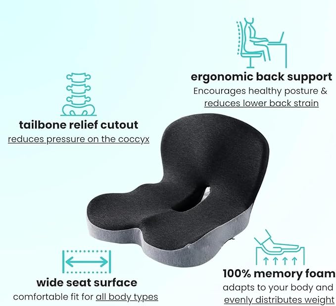 Orthopedic Cushion,Ergonomic Memory Foam L-Shaped Integrated Seat Cushions with Adjustable Strap,Ultra Breathable Non-Slip Design for Office Chair,Car,Wheelchair (Black+Gray) - Image 4