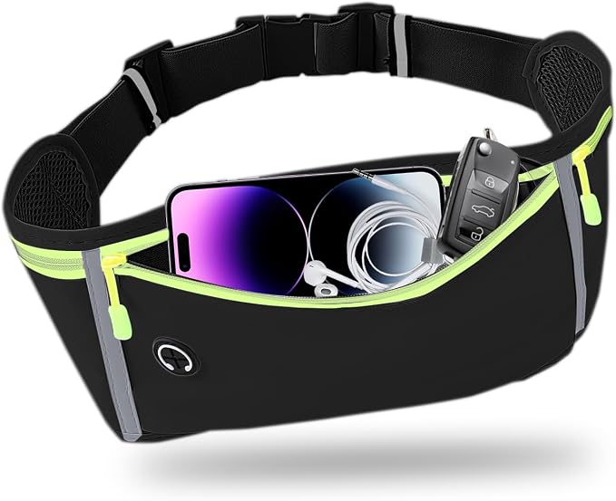 Slim Running Belt for Women Men,Runners Fanny Pack Phone Holder,Money Belt,Running Gear Accessories,with 3 Pockets (Green-black) by Unknown