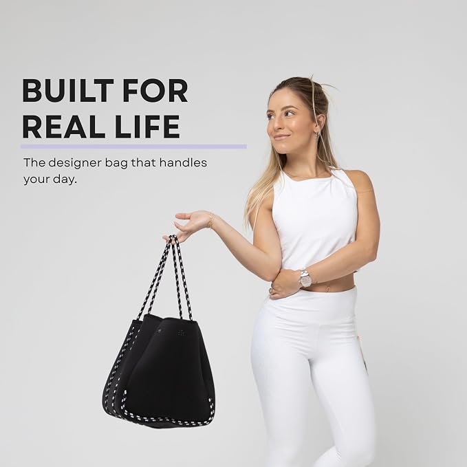 POPUPS Large Neoprene Tote Bag for Women - Everyday Designer Handbag for Travel Work and Beach with Pockets and Zipper Pouch - Image 3