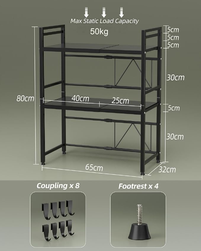 3 Tier Expandable Microwave Stand countertop,Microwave Oven Rack | microwave shelf, storage shelves for pans &appliances,Adjustable partition height，8 Hooks,110lbs max load,Black - Image 3