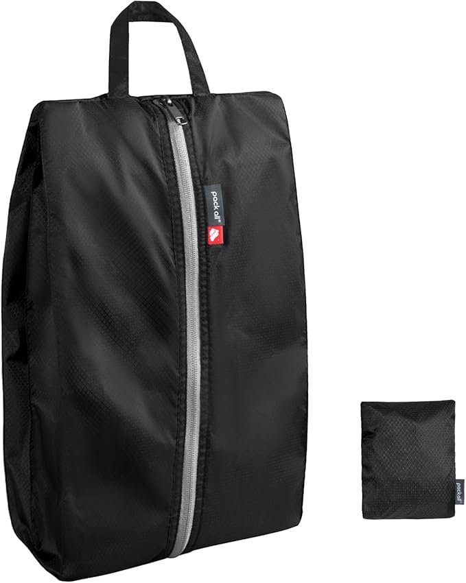 pack all Foldable Shoe Bag for Travel, Dual Pocket Shoe Pouch for Sports | Ultralight, Water-Resistant, Odor-Resistant, Dustproof, Portable, Soccer Cleats & Gym Storage, Fits Up to Size 16, Black by packall