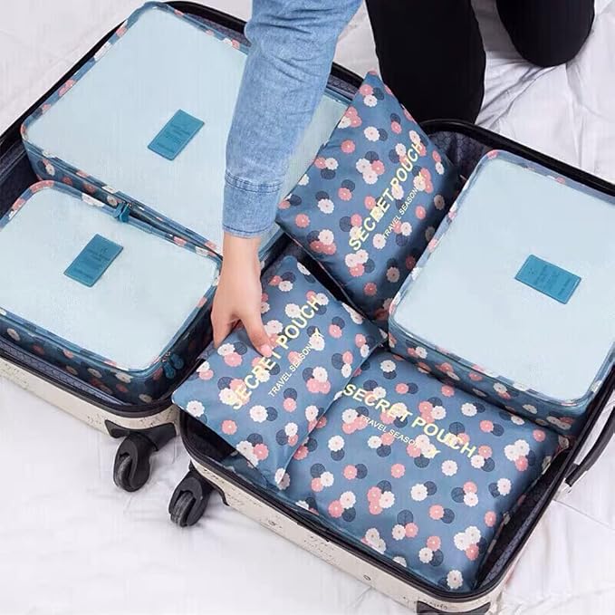 7 Set Packing Cubes Travel Luggage Packing Organizers for Suitcase, Blue Flower - Image 8