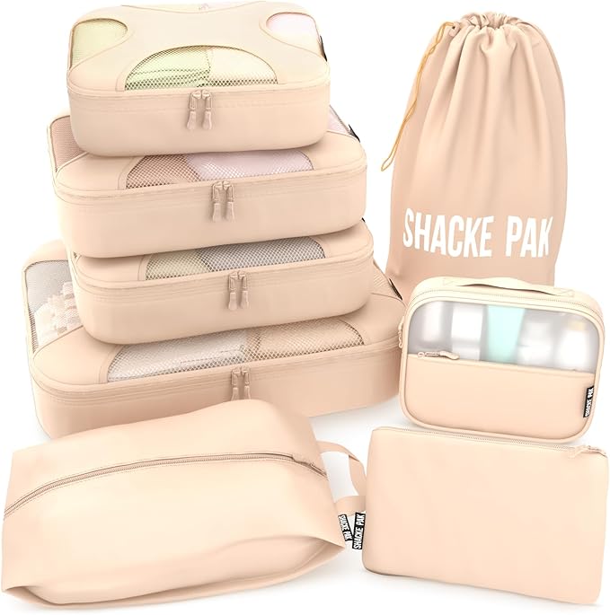 Shacke 8 Set Packing Cubes for Travel, Shoe & Toiletry Bags (Cream) | Complete Suitcase Organizer Bags Set: 4 Luggage Packing Cubes + Laundry, Shoe, Toiletry & Accessories Bags for Any Trip by Shacke