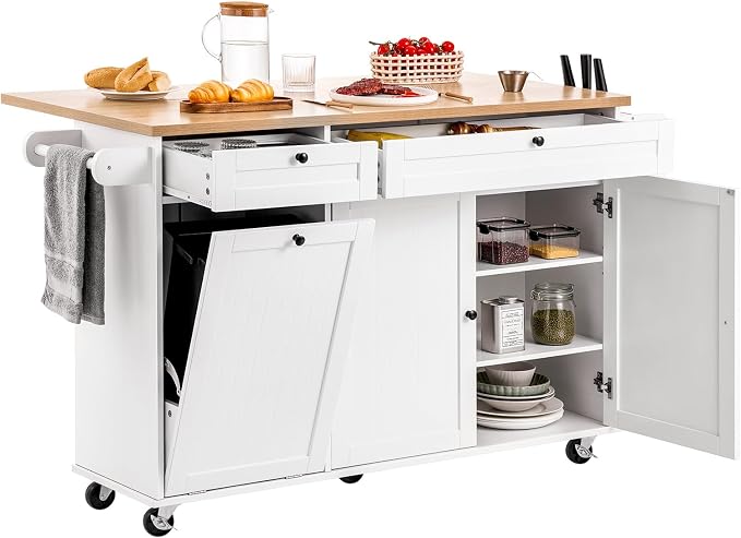 VEVOR Kitchen Island Cart with Storage, 60in Wide Mobile Kitchen Cart with Wheels, Drop Leaf, 2 Drawers, Trash Can Cabinet, Knife Holder, Spice Rack, and Towel Rack, Table for Dining Room, Pantry by VEVOR