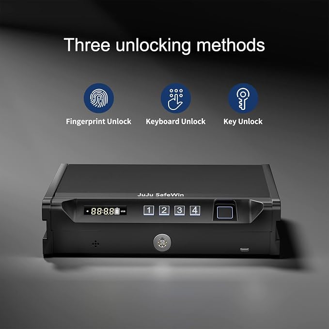 Biometric Quick Access Gun Safe for 2 Pistols,3 Ways Unlock Fingerprint Digital PIN Key,Portable Handgun Safe with LCD Screen, Lock Box for Bedroom Bedside Nightstand and Car,JuJuSafeWin - Image 2