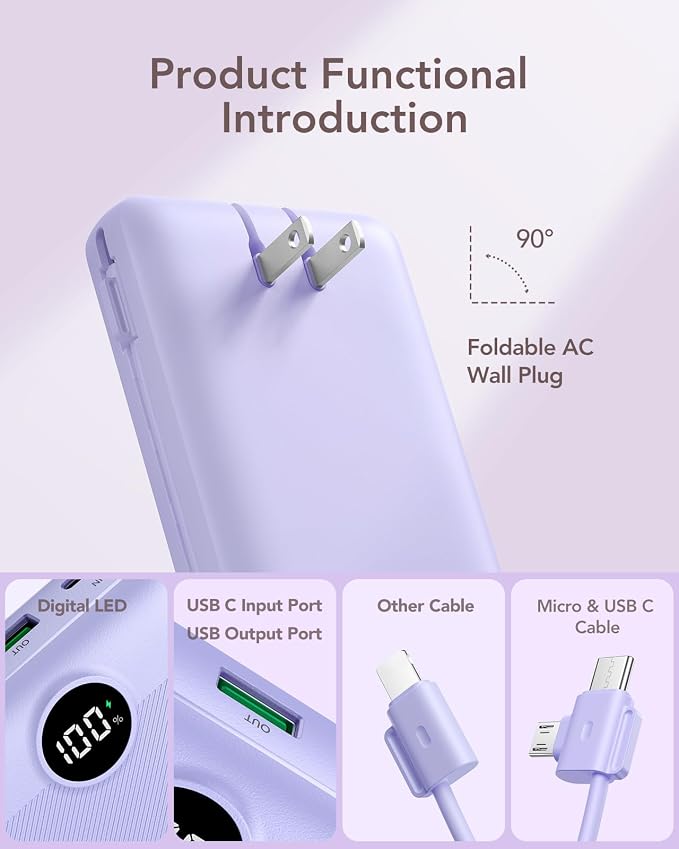 VRURC Portable Charger 20000mAh, Fast Charging Power Bank USB C,4 Output 2 Input Travel Essentials Charging Bank Equipped with LED Display,Built-in Wall Plug and Cables,Phone Charger Battery,Purple - Image 2