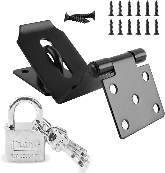 HOWDIA 4 Inch Door Lock Latch Padlock Hasp Set, 90° Latch Lock with Screws and Padlock Stainless Steel Safety Right Angle Padlock Hasp Latch Security Door Clasp Hasp for Shed/Gate/Storage Lock(Black) by HOWDIA