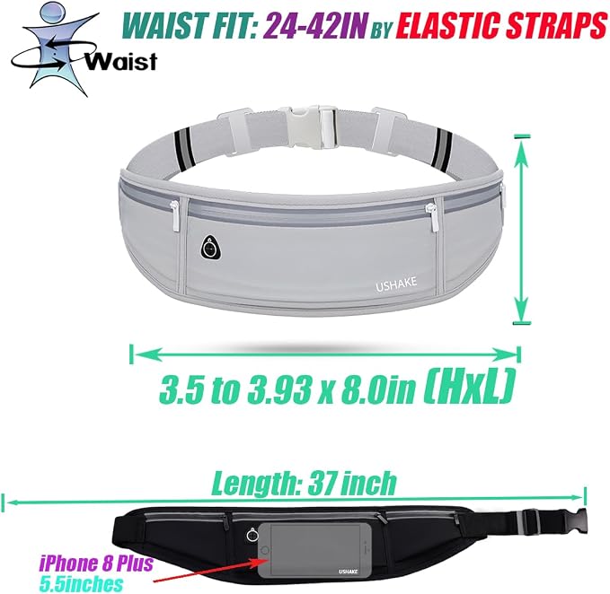 USHAKE Slim Running Belt, Workout Fanny Pack for Men Women,Exercise Waist Pack for Apple iPhone Holder, Runner Belt for Running Walking Cycling Camping Gym Light Grey - Image 4