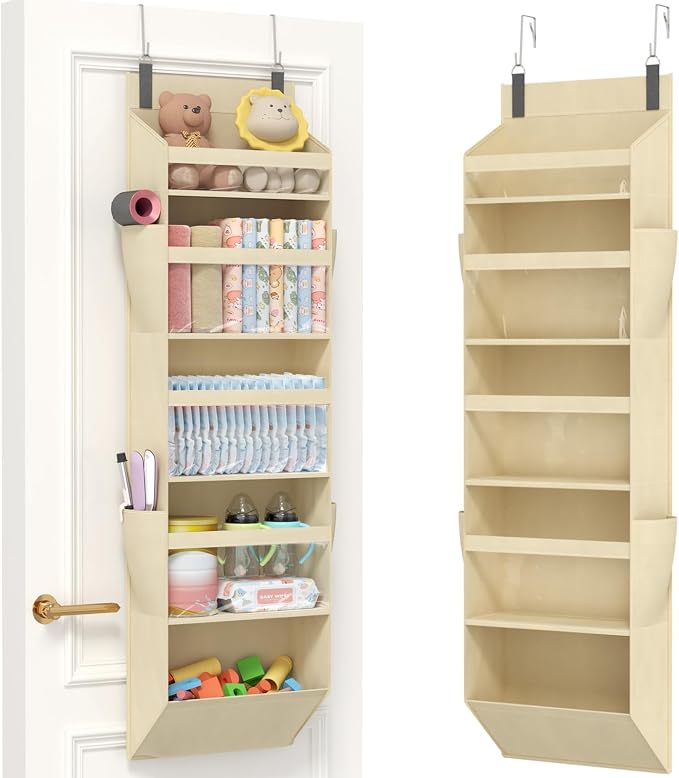 Lifewit 1 Pack Over the Door Organizer, Clear Window Hanging Storage with 4 Side Pockets, Anti Tilt 40 lbs Load Behind Door for Pantry, Nursery, Bathroom, Bedroom, Dorm, 5 Section, Beige by Lifewit