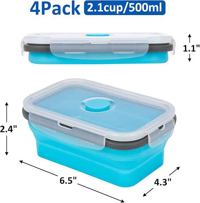 Collapsible Silicone Food Storage Containers Set with Lid & Air Vent,Foldable Lunch Containers(4PCS,Blue,17oz) - Image 3