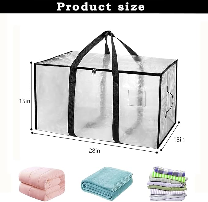 12 Pack-Extra Large Heavy Duty Moving Bags - Waterproof Storage Totes with Handles & Zippers, Foldable for College Dorm, Storage (Clear) - Image 2