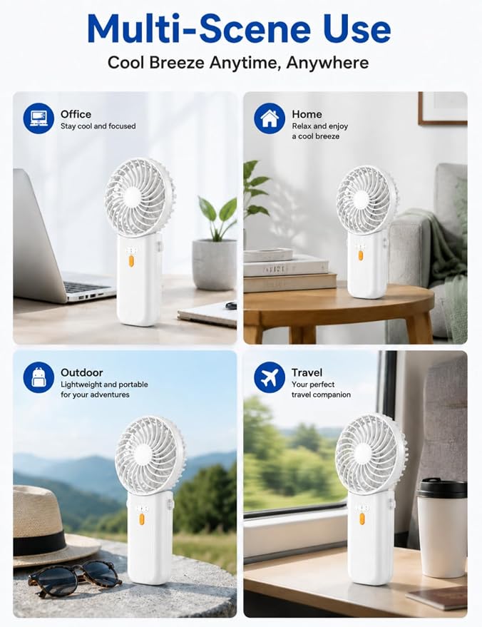 Portable Mini Fan, Quiet Foldable Fan with Lanyard (White) | 4 Speeds, 15H Rechargeable Battery, Portable Pan for Travel, Home, Office, Outdoor, Makeup, Women, Men, White - Image 5